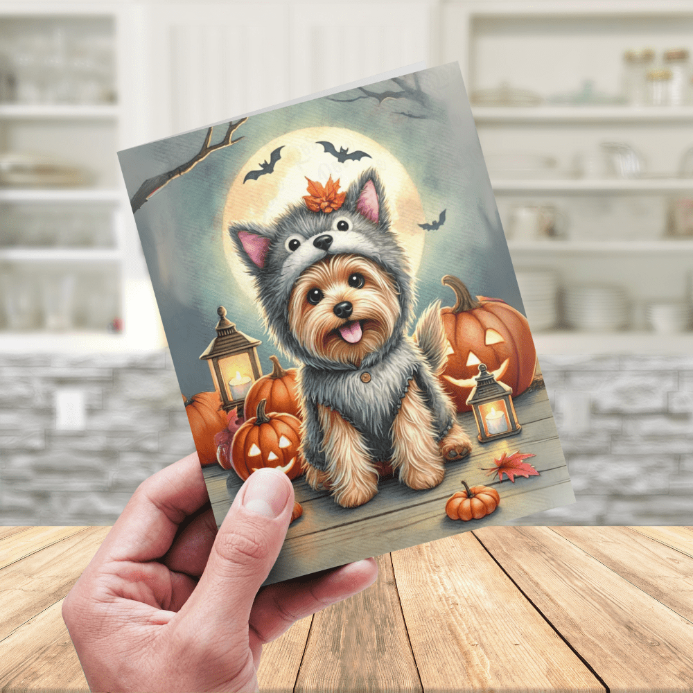 Halloween Fall Yorkie Dog Greeting Card