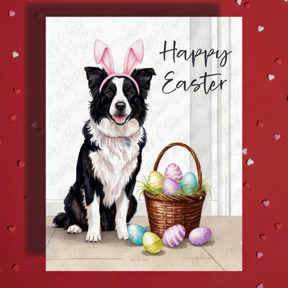 Easter Greeting Card, Black and White Australian Shepherd Dog: Happy Easter