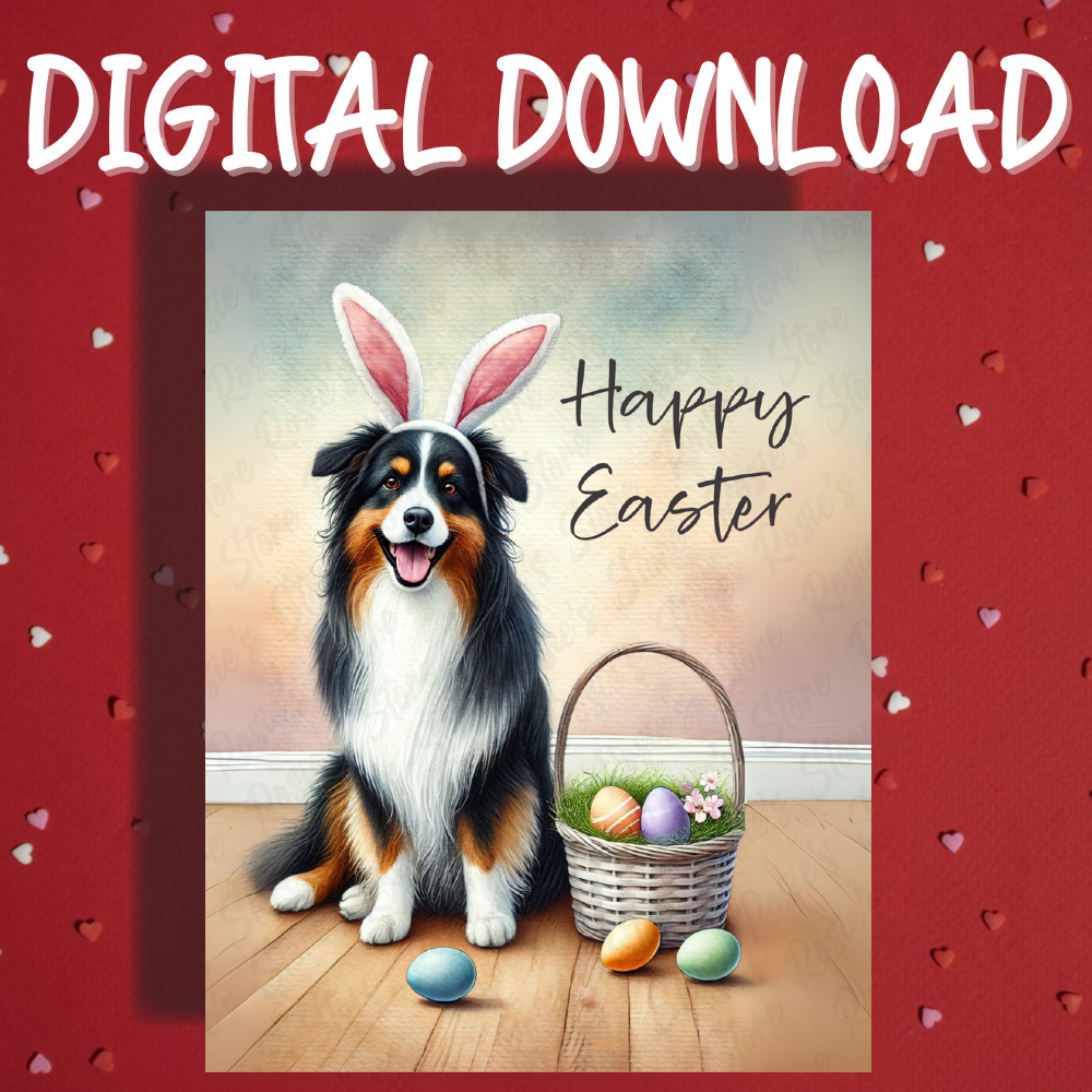 Easter Digital Greeting Card, Australian Shepherd Dog: Happy Easter