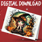 Halloween Witch Printable Card, Watercolor Fall Pumpkin Haunted House Digital Download