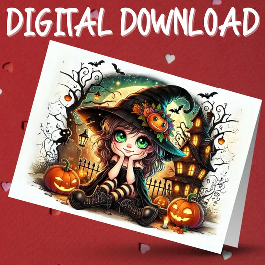 Halloween Witch Printable Card, Watercolor Fall Pumpkin Haunted House Digital Download