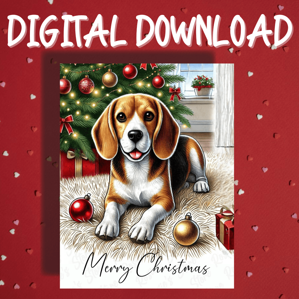 Christmas Printable Card, Digital Download, Beagle Dog Lover: Merry Christmas