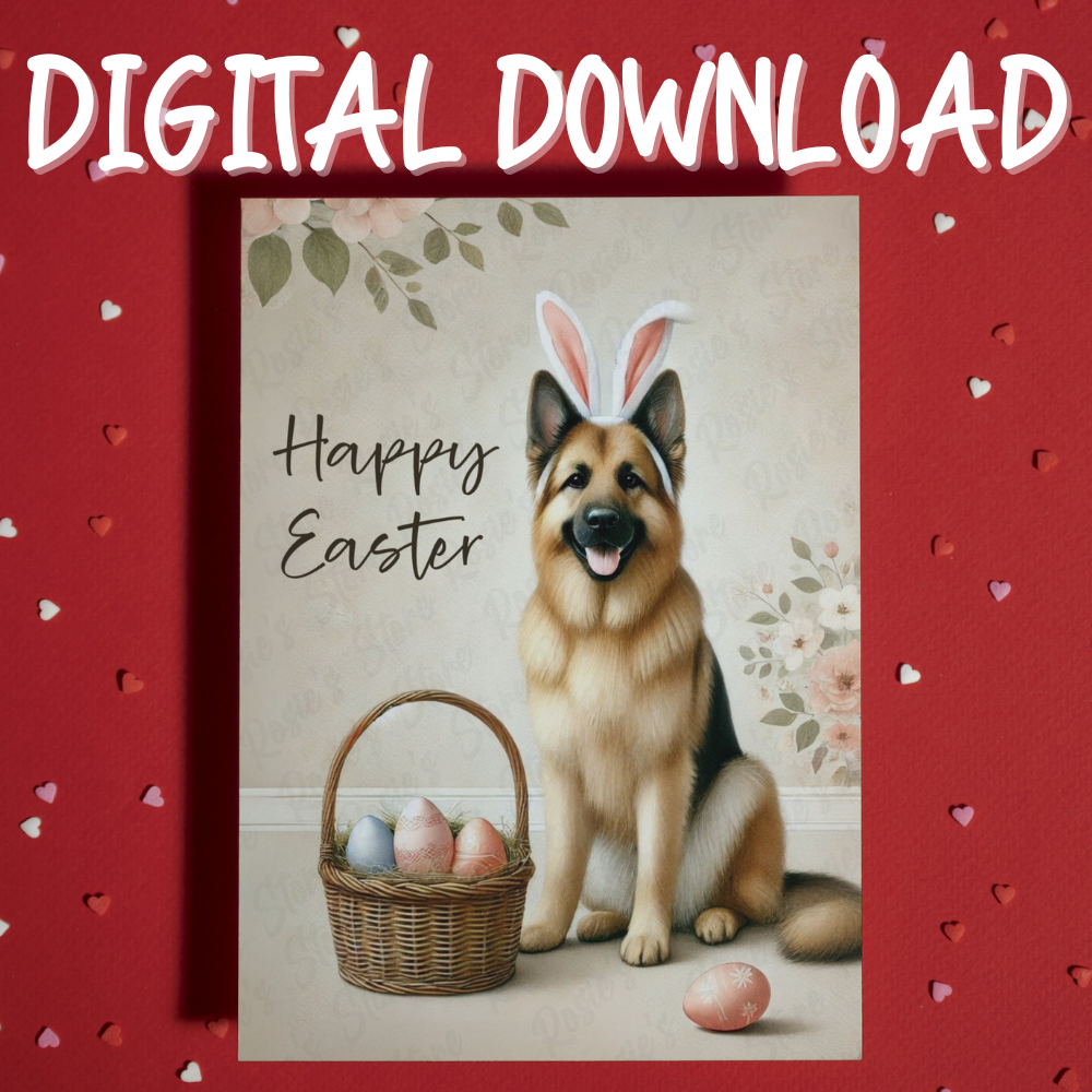 Easter Digital Greeting Card, German Shepherd Dog: Happy Easter