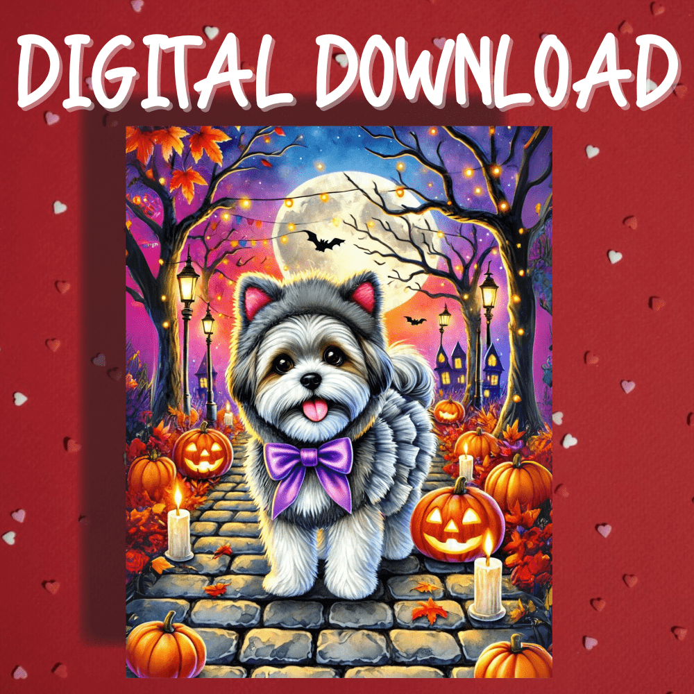 Halloween Fall Digital Greeting Card, Shih Tzu Dog Pet Lover II