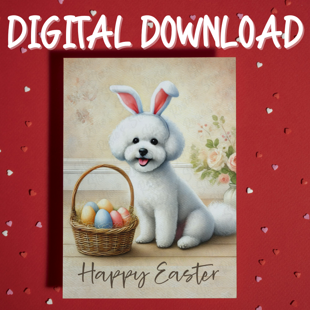 Easter Digital Greeting Card, Bichon Frise Dog: Happy Easter