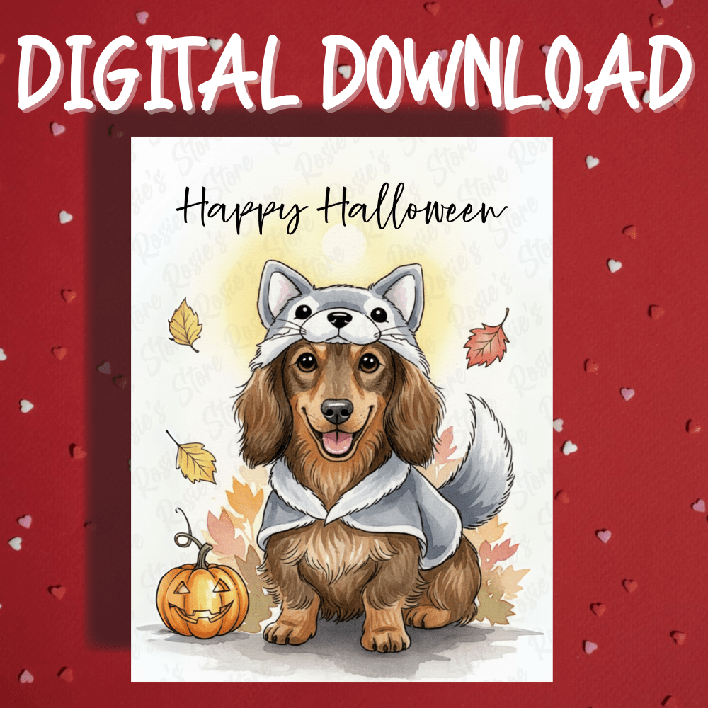 Halloween Fall Digital Greeting Card, Dachshund Wiener Dog Pet Lover: Happy Halloween