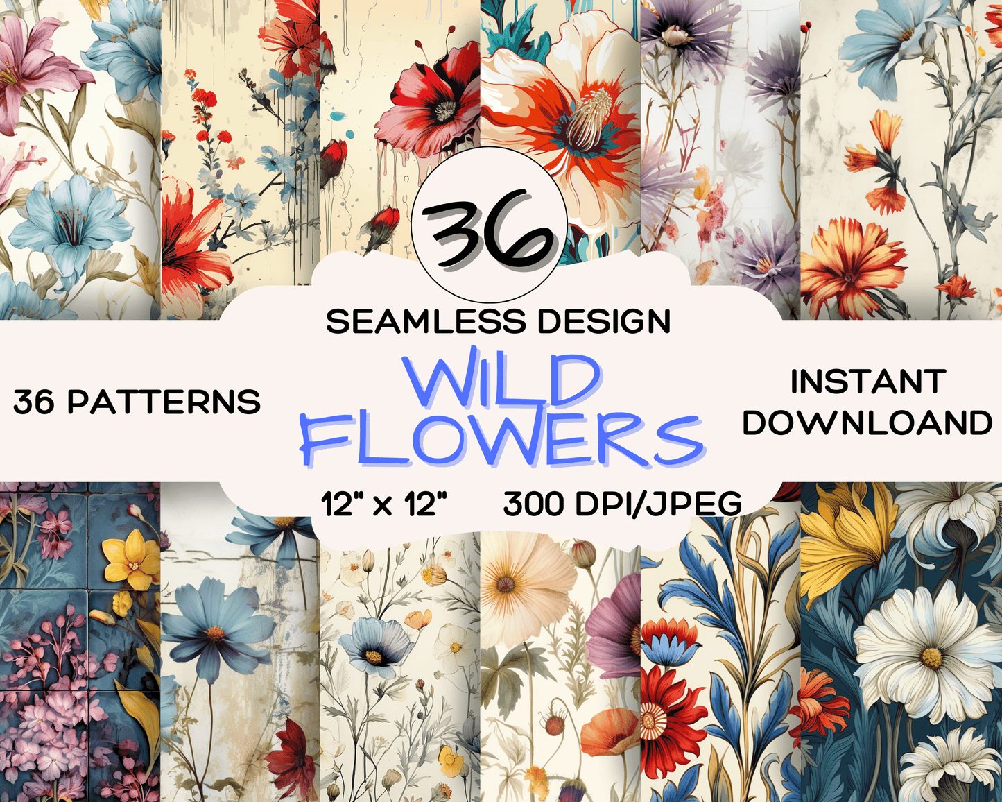 Flowers, 36 Pack of Wild Flowers Digital Papers