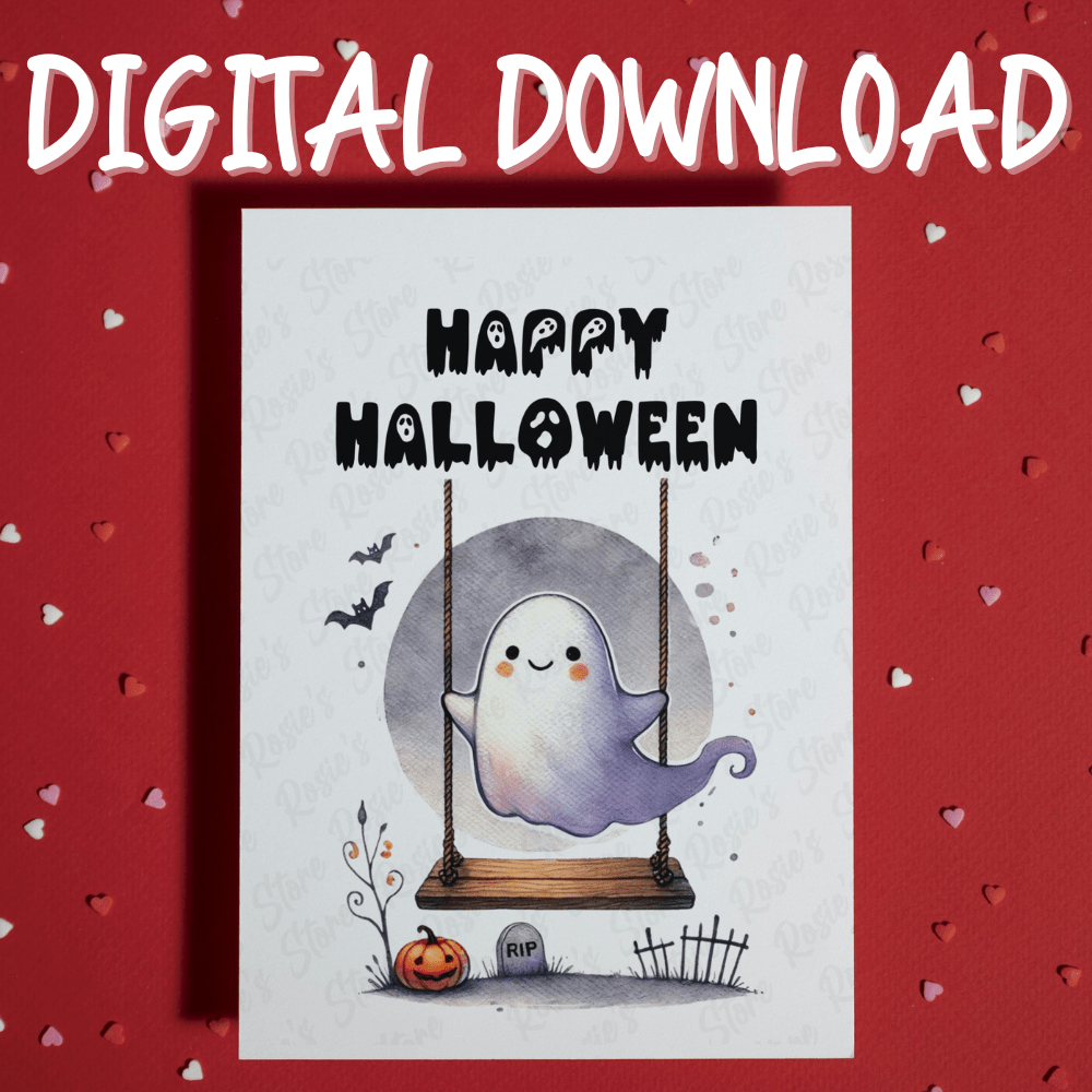 Halloween, Cute Ghost On a Swing Digital Greeting Card: Happy Halloween