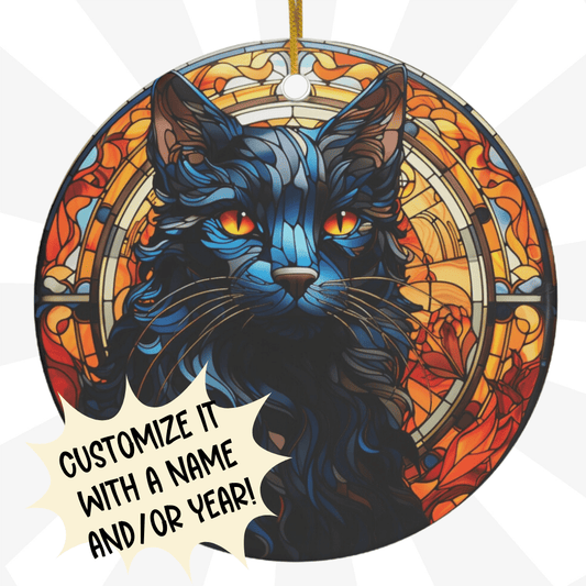 Cat, Personalized Cat Lovers Ceramic Ornament: Black/Blue Cat