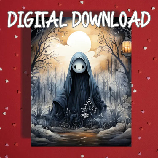 Halloween Printable Ghost Card Moonlit Forest Spooky Cute Digital Download
