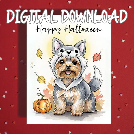 Halloween Yorkie Printable Card Wolf Costume Yorkshire Terrier Fall Digital Download