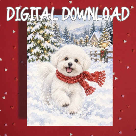 Christmas Printable Card, Bichon Frise Dog (Digital Download)