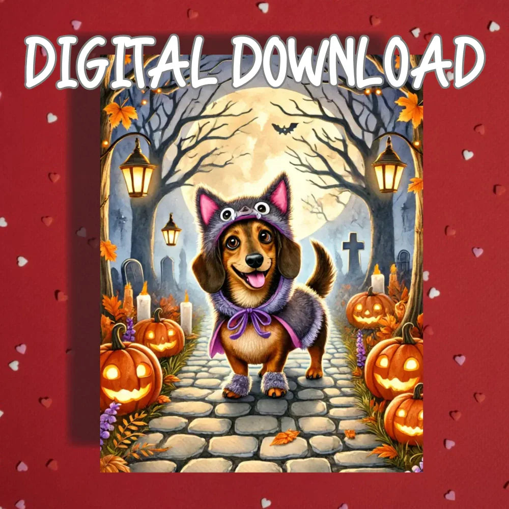 Halloween Dachshund Printable Card, Spooky Wiener Dog Wolf Costume Digital Download