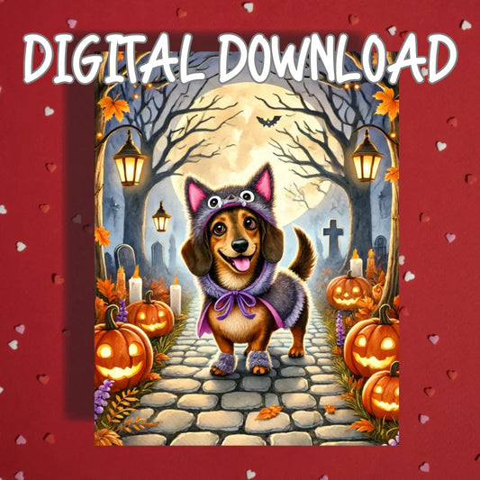 Halloween Dachshund Printable Card, Spooky Wiener Dog Wolf Costume Digital Download