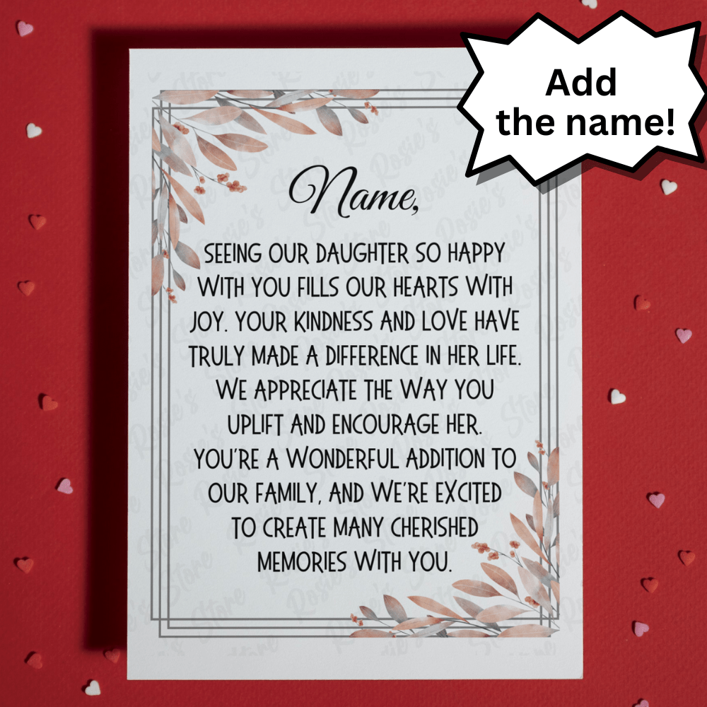 Daughter's Boyfriend/Future Son-in-Law/Son-in-Law Custom Name Greeting Card: Seeing Our Daughter So Happy...