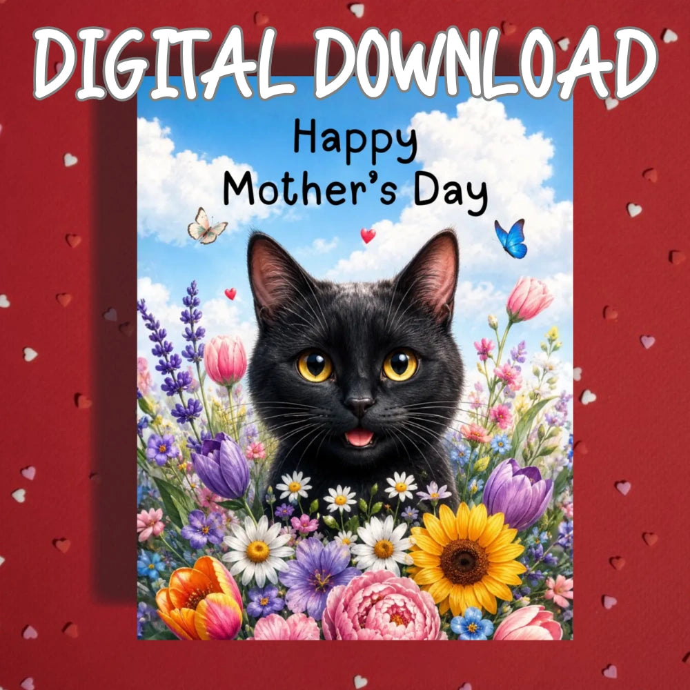 Mother's Day Printable Card: Black Cat (Digital Download)