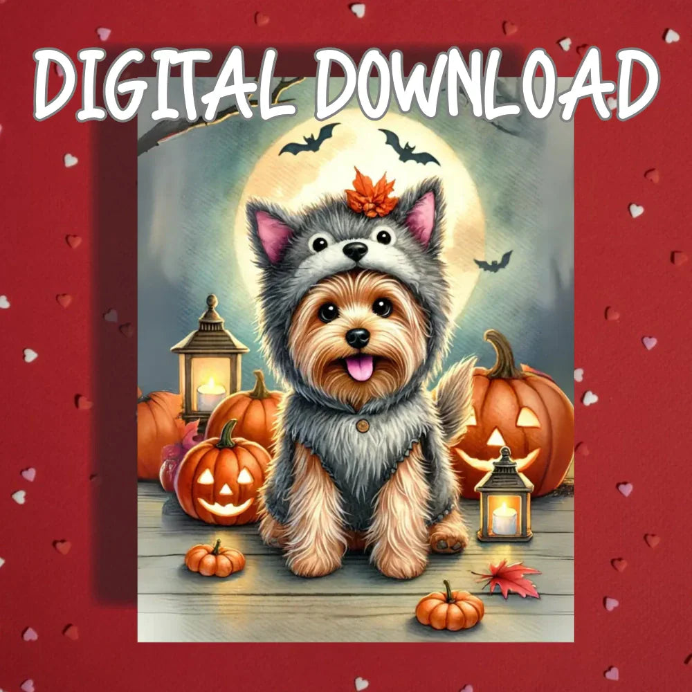 Halloween Yorkie Printable Card Wolf Costume Yorkshire Terrier Fall Digital Download