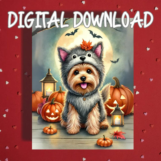 Halloween Yorkie Printable Card Wolf Costume Yorkshire Terrier Fall Digital Download