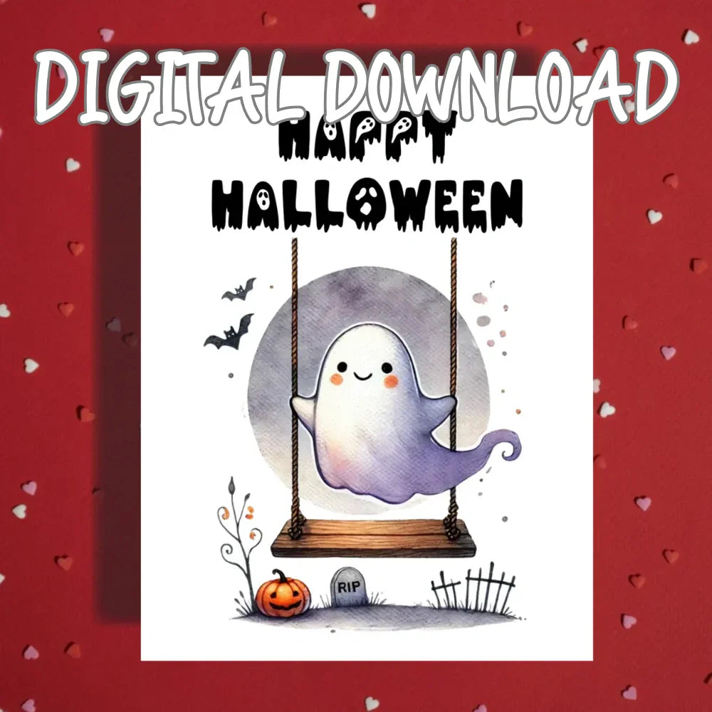 Halloween Cute Ghost Printable Card Watercolor Ghost Swing Halloween Digital Download