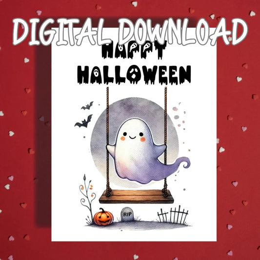 Halloween Cute Ghost Printable Card Watercolor Ghost Swing Halloween Digital Download