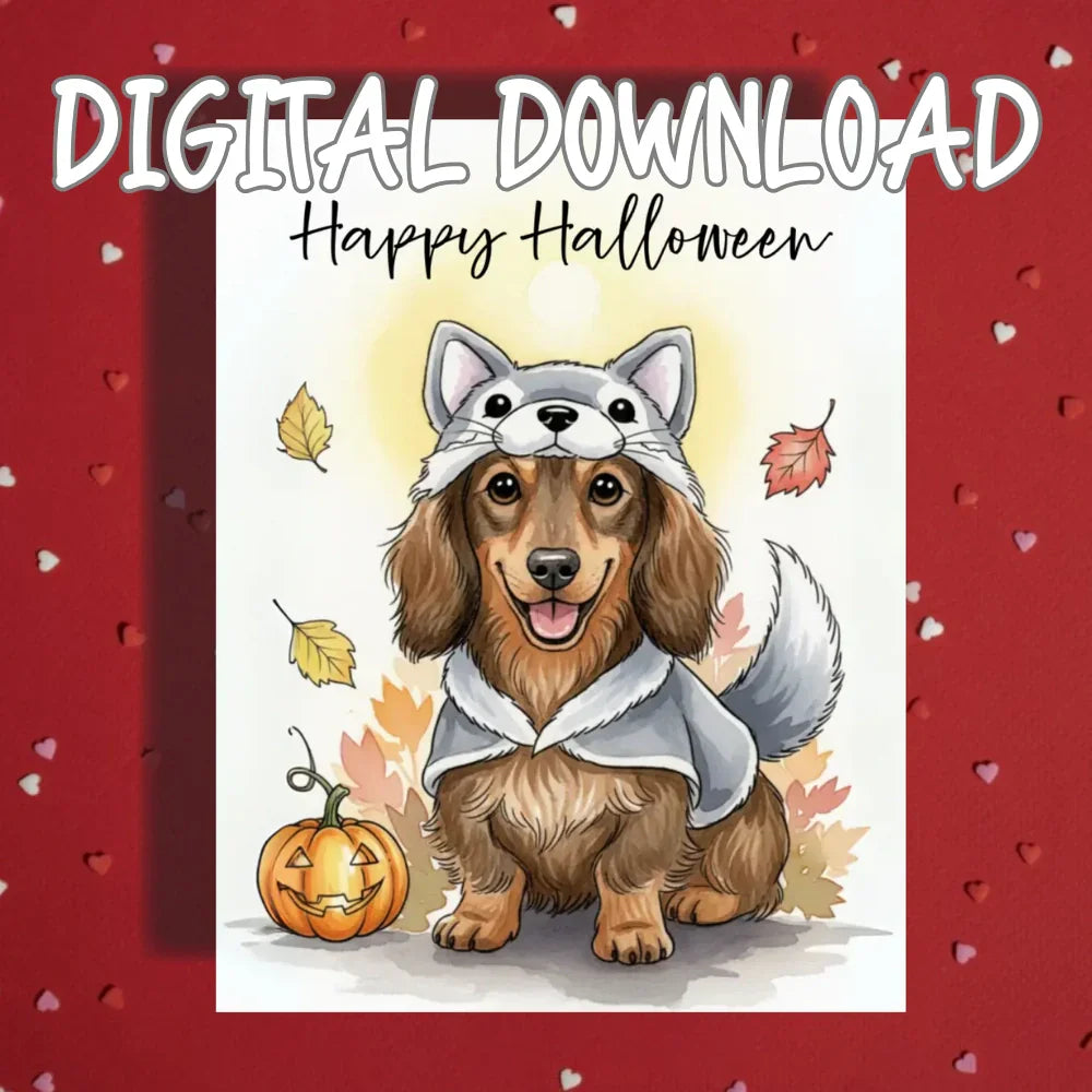 Halloween Dachshund Printable Card, Cute Wiener Dog Wolf Costume Digital Download