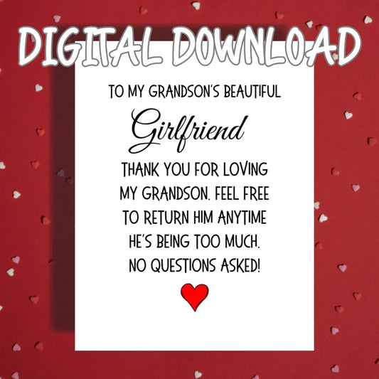 Grandsons Girlfriend Printable Card, Return Policy Humor Card, From Grandparents Digital Download