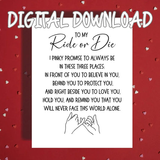 Ride or Die Printable Card, Pinky Promise Best Friend Digital Download, Romantic Loyalty Card