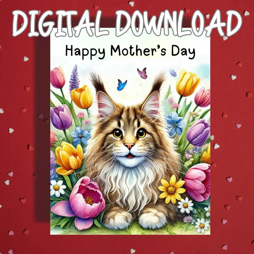 Mother's Day Printable Card: Maine Coon Cat (Digital Download)
