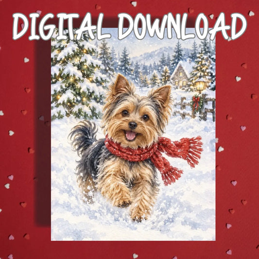 Christmas Printable Card, Yorkshire Terrier Dog (Digital Download)