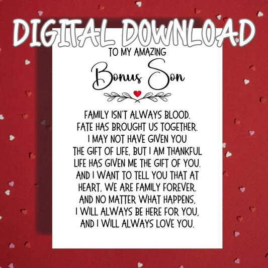 Bonus Son Printable Card From Step Parent Heartfelt Family Digital Download