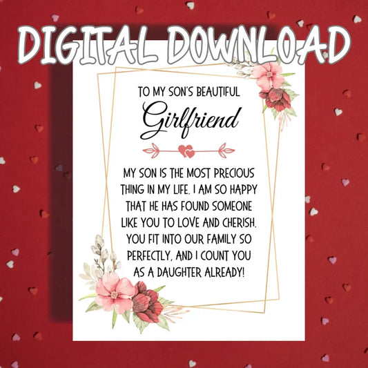 Son's Girlfriend Printable Card, From Future Mother in Law, Sentimental Family Welcome Digital Download