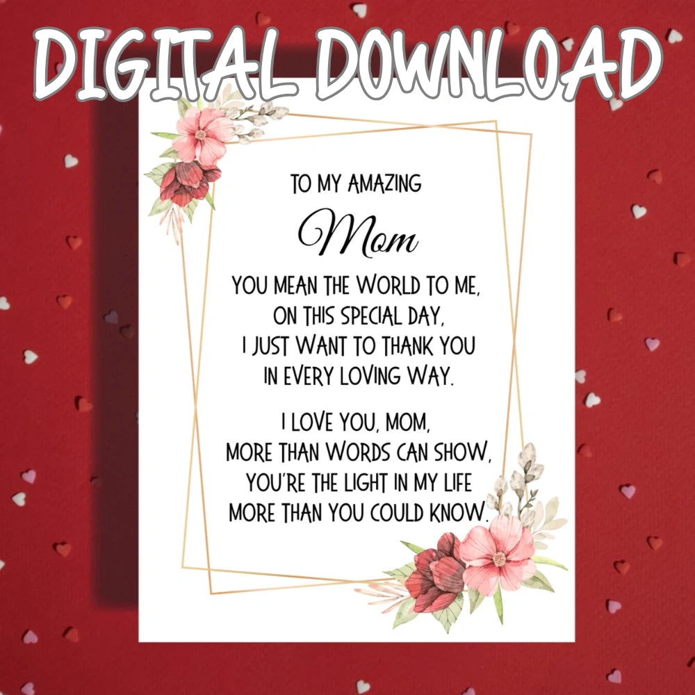 Mom Printable Card: You Mean The World To Me (Digital Download)