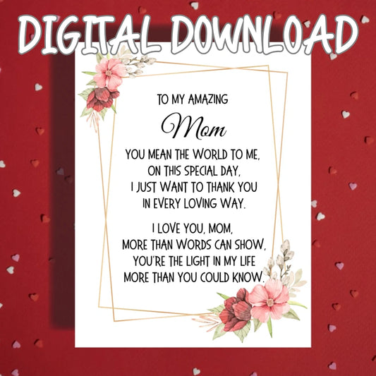 Mom Printable Card: You Mean The World To Me (Digital Download)