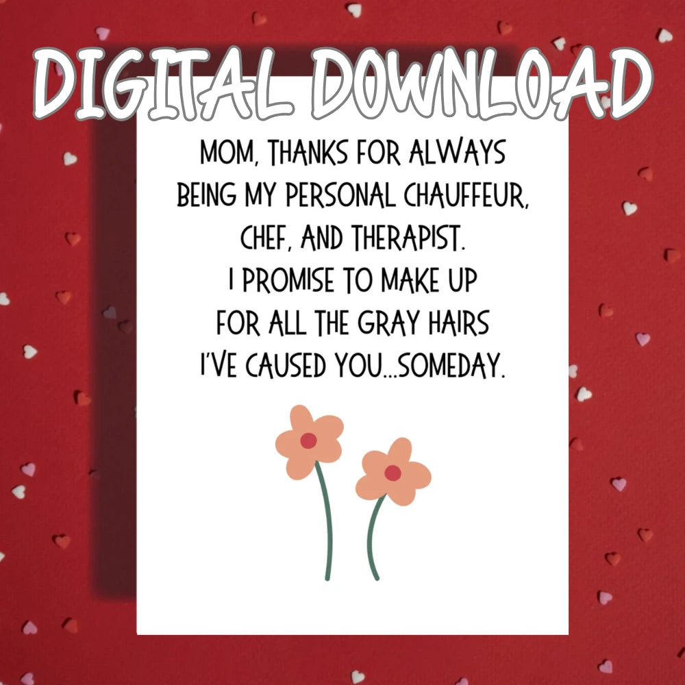 Mom Printable Card Chauffeur Chef Therapist Mothers Day Digital Download
