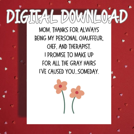 Mom Printable Card Chauffeur Chef Therapist Mothers Day Digital Download