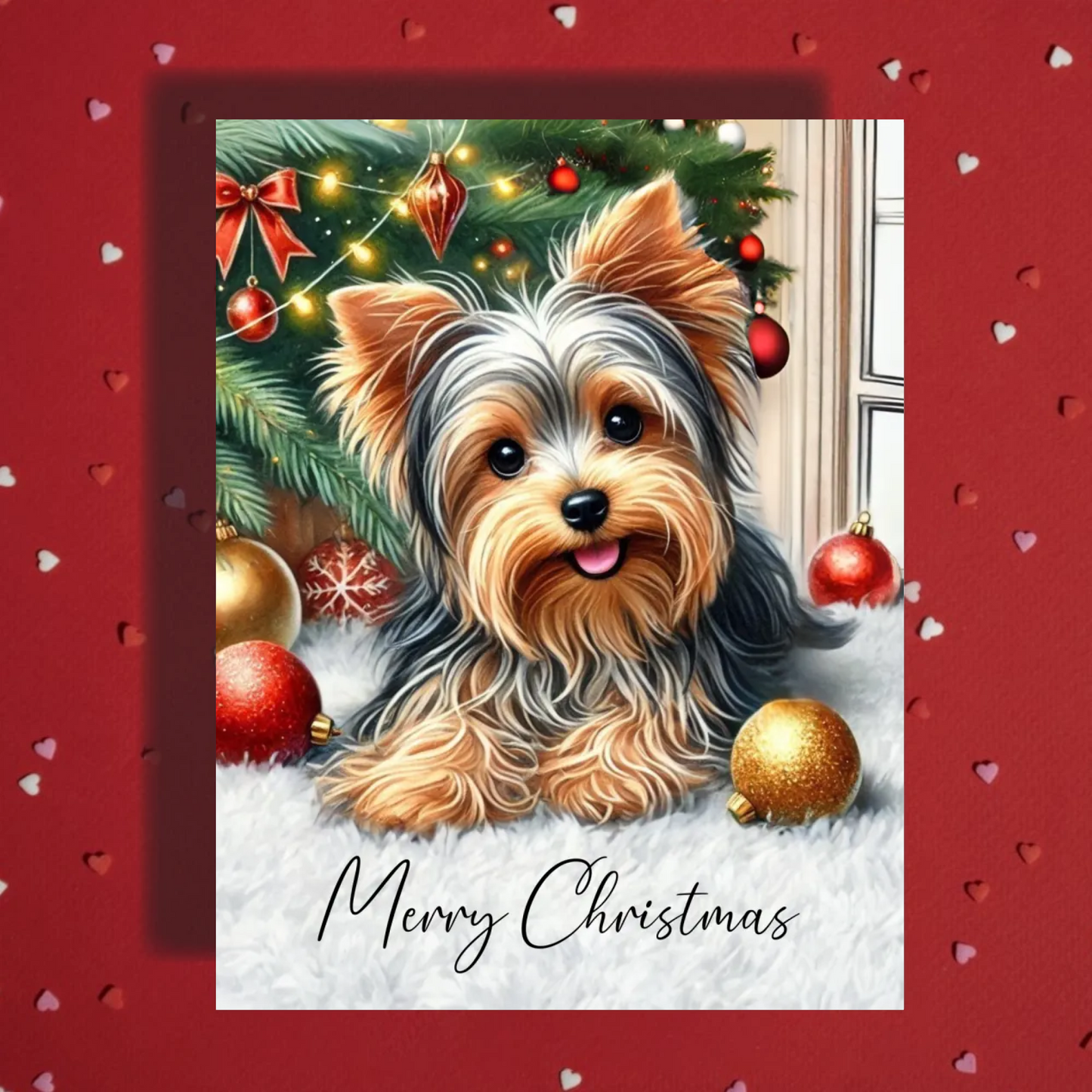 Christmas Greeting Card, Yorkshire Terrier Dog: Merry Christmas
