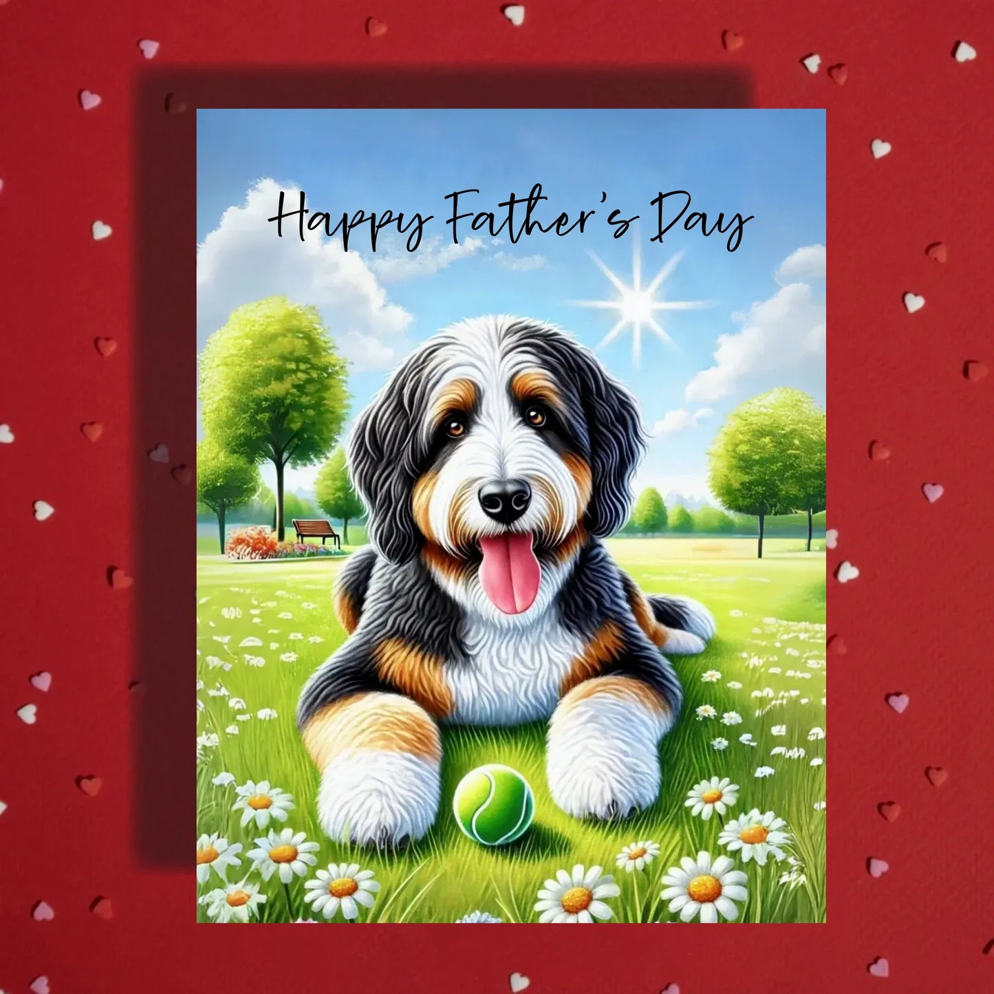 Father's Day Customizable Greeting Card, Bernedoodle Dog With a Ball: Happy Father's Day