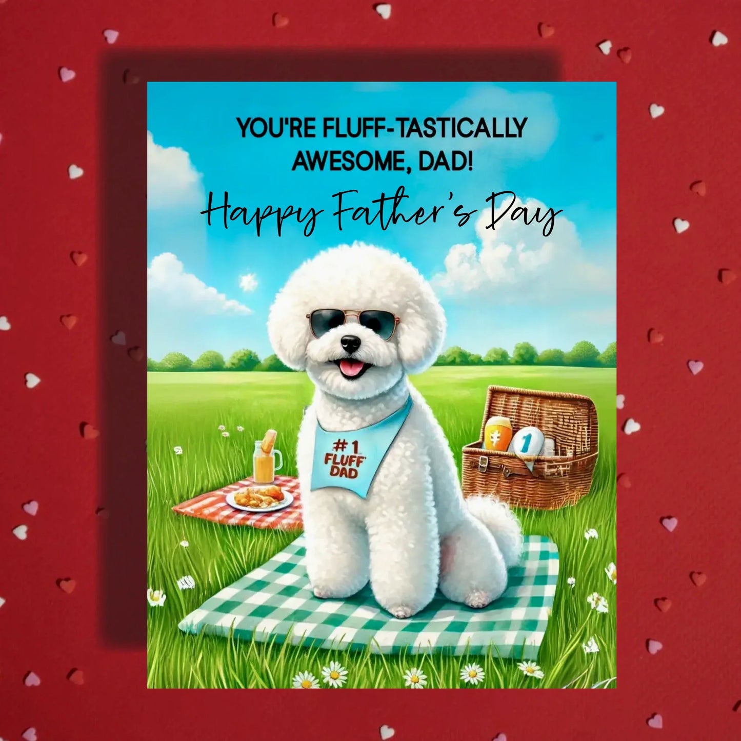 Father's Day Customizable Greeting Card, Bichon Frise Dog, Picnic: You're Fluff-tastically Awesome, Dad!