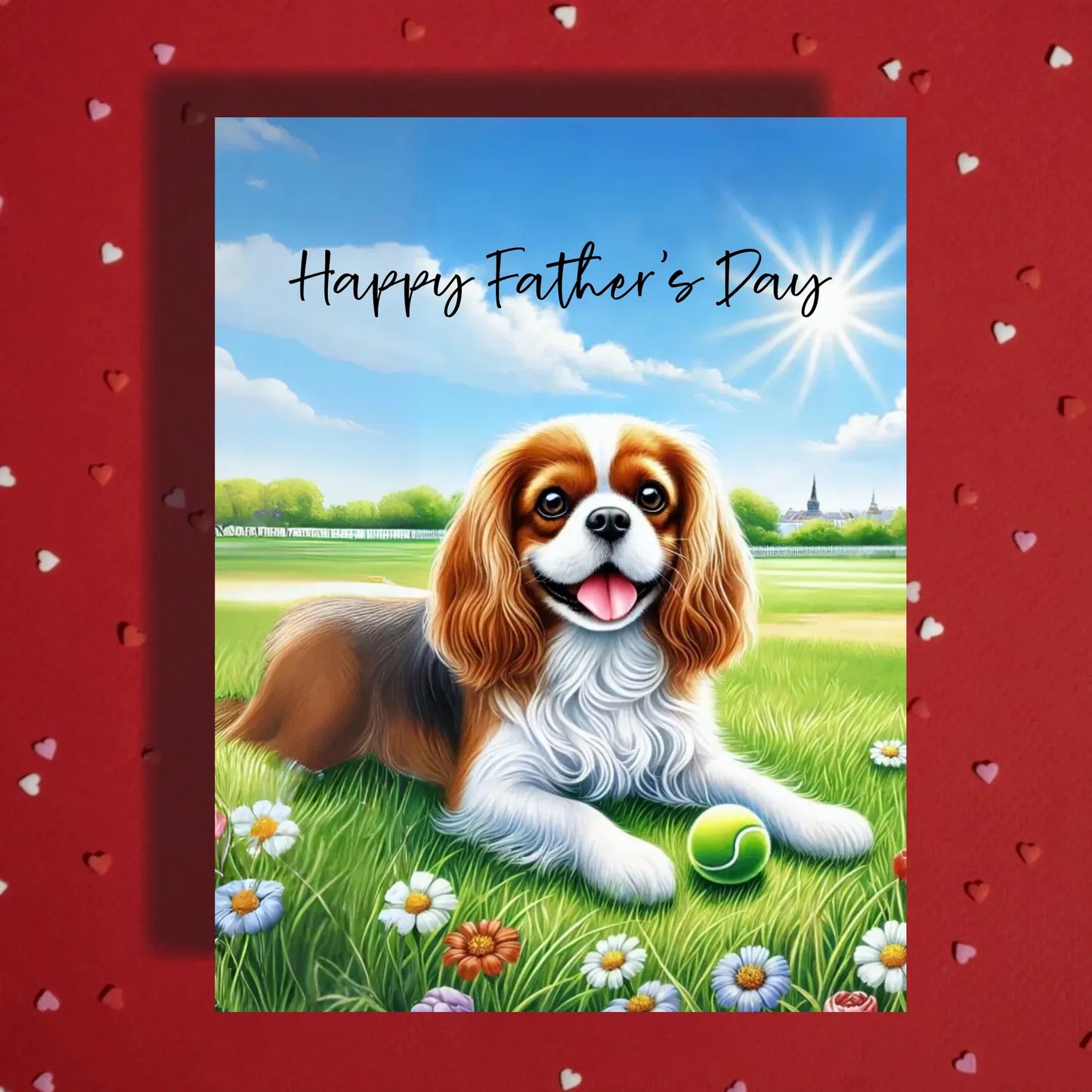 Father's Day Customizable Greeting Card, Cavalier King Charles Spaniel Dog With a Ball: Happy Father's Day