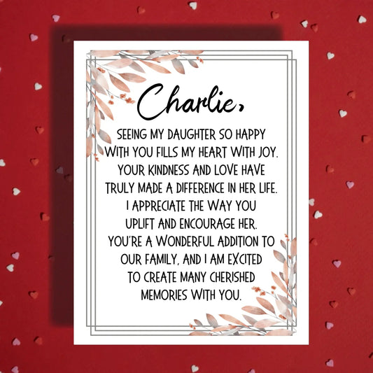 Daughter's Boyfriend/Future Son-in-Law/Son-in-Law Custom Name Greeting Card: Seeing Our Daughter So Happy...