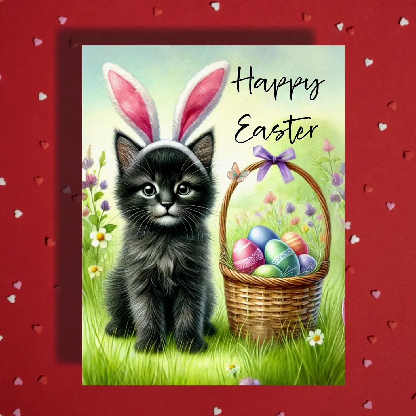 Easter Black Cat Greeting Card – Cute Bunny Ears Cat Spring Greeting