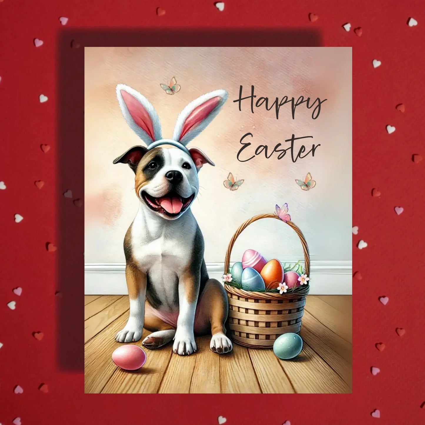 Easter Pitbull Greeting Card – Cute Bunny Ears Dog Spring Greeting