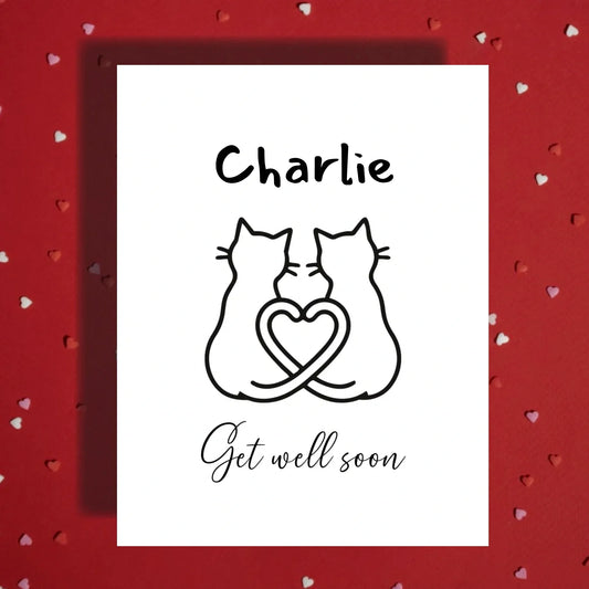 Get Well Soon Cat Card, Cat Silhouette Heart Card, Surgery Recovery Greeting Card