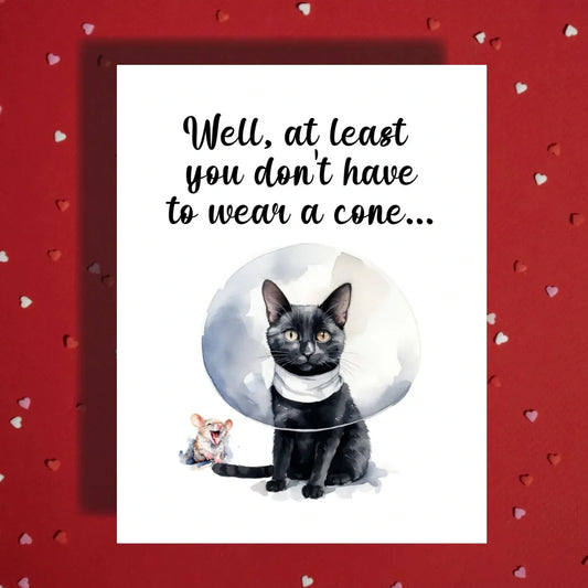 Get Well Funny Cat Card with Cone and Mouse, Recovery Humor Card, Cheer Up Encouragement Card