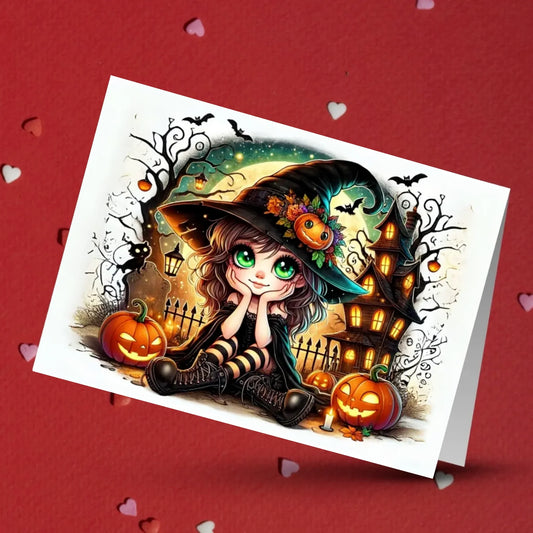 Halloween Witch Greeting Card, Watercolor Fall Card with Pumpkins and Haunted House