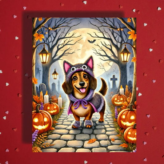 Halloween Dachshund Card, Spooky Wiener Dog in Wolf Costume Fall Greeting Card