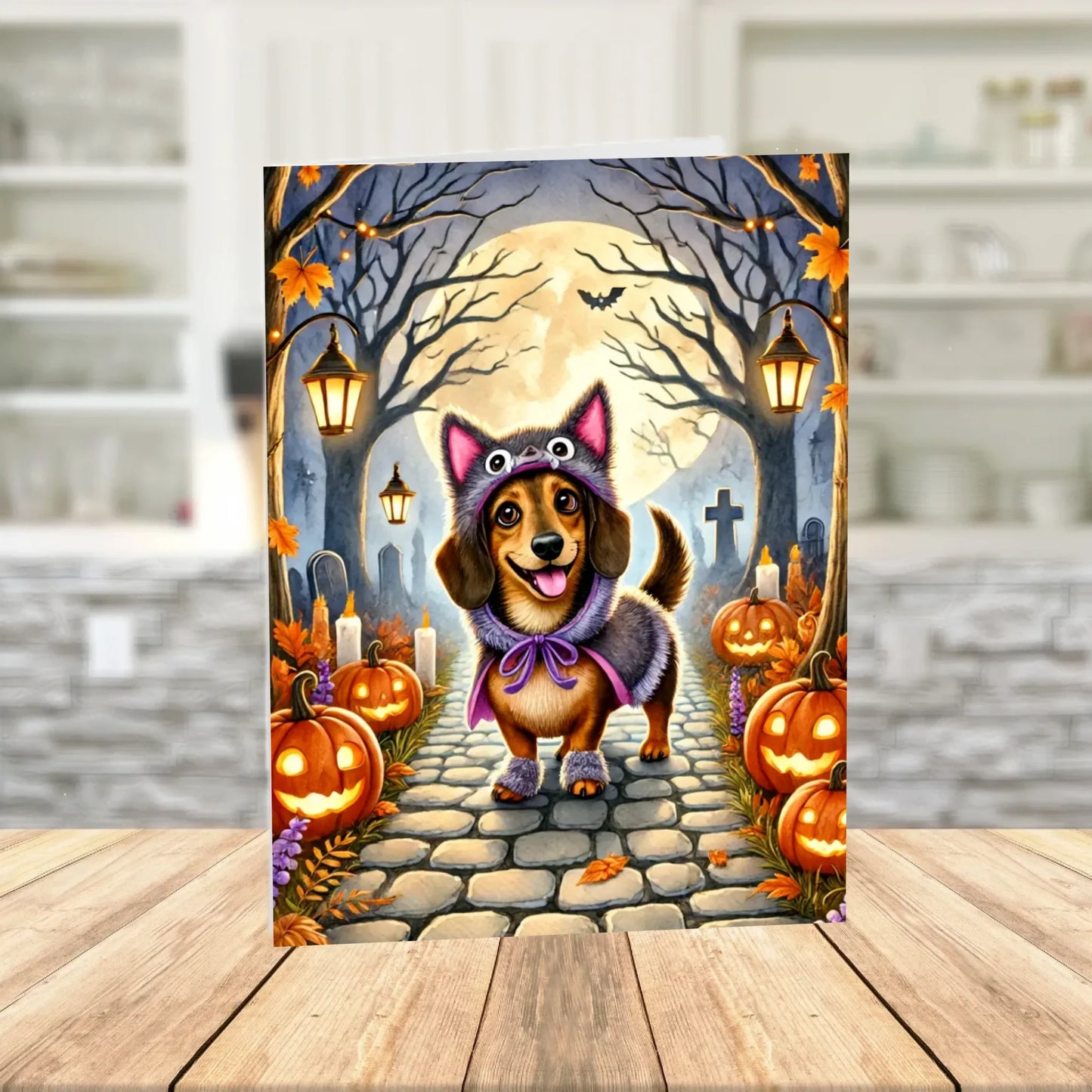 Halloween Dachshund Printable Card, Spooky Wiener Dog Wolf Costume Digital Download