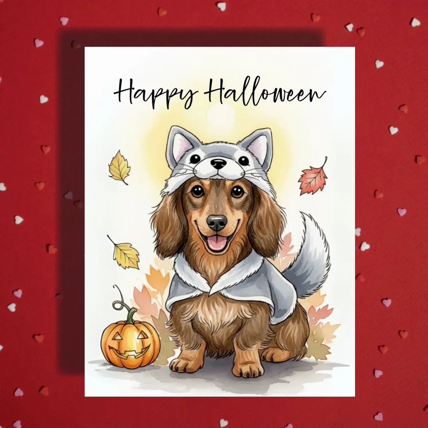 Halloween Dachshund Wolf Costume Card, Cute Wiener Dog Fall Greeting Card