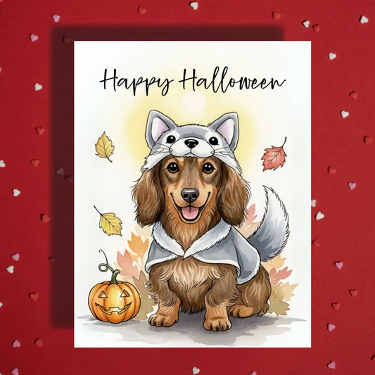 Halloween Dachshund Wolf Costume Card, Cute Wiener Dog Fall Greeting Card