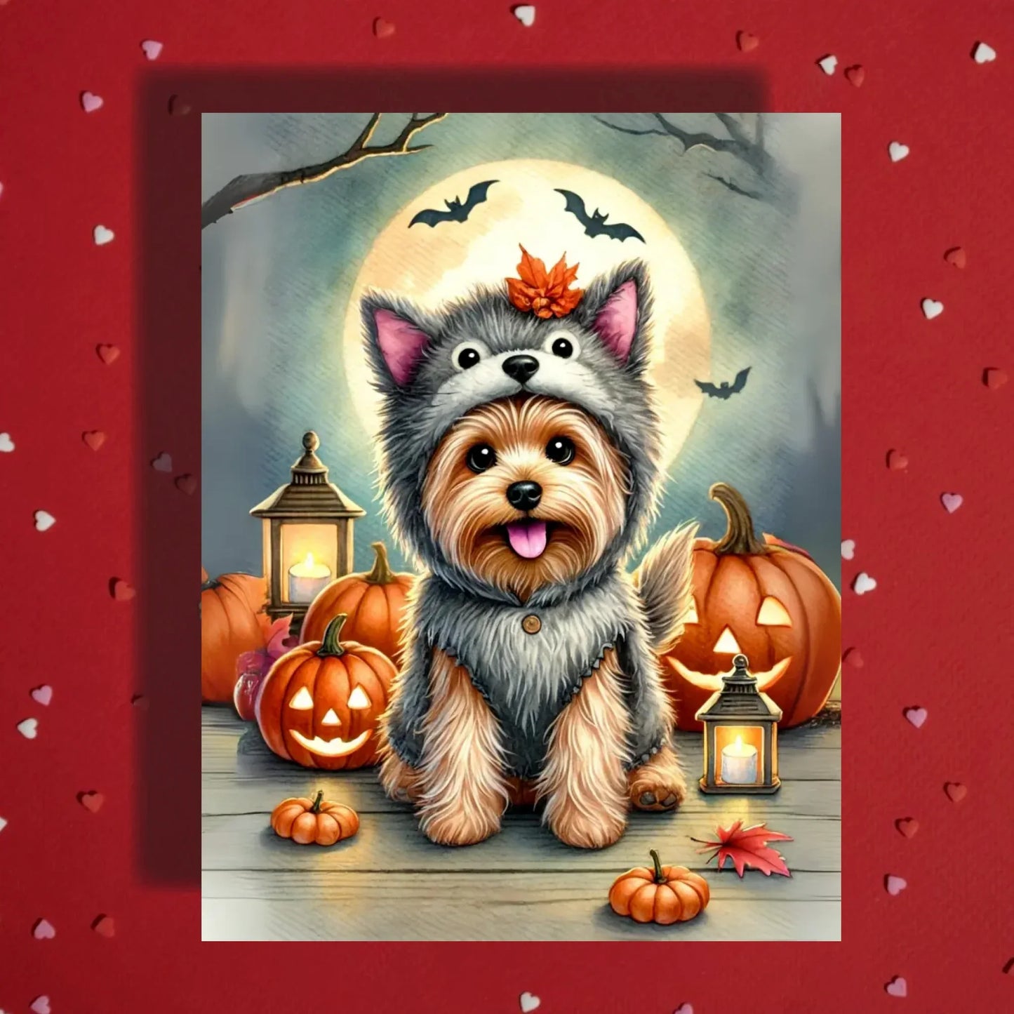 Halloween Yorkie Card Wolf Costume Yorkshire Terrier Fall Pumpkin Greeting